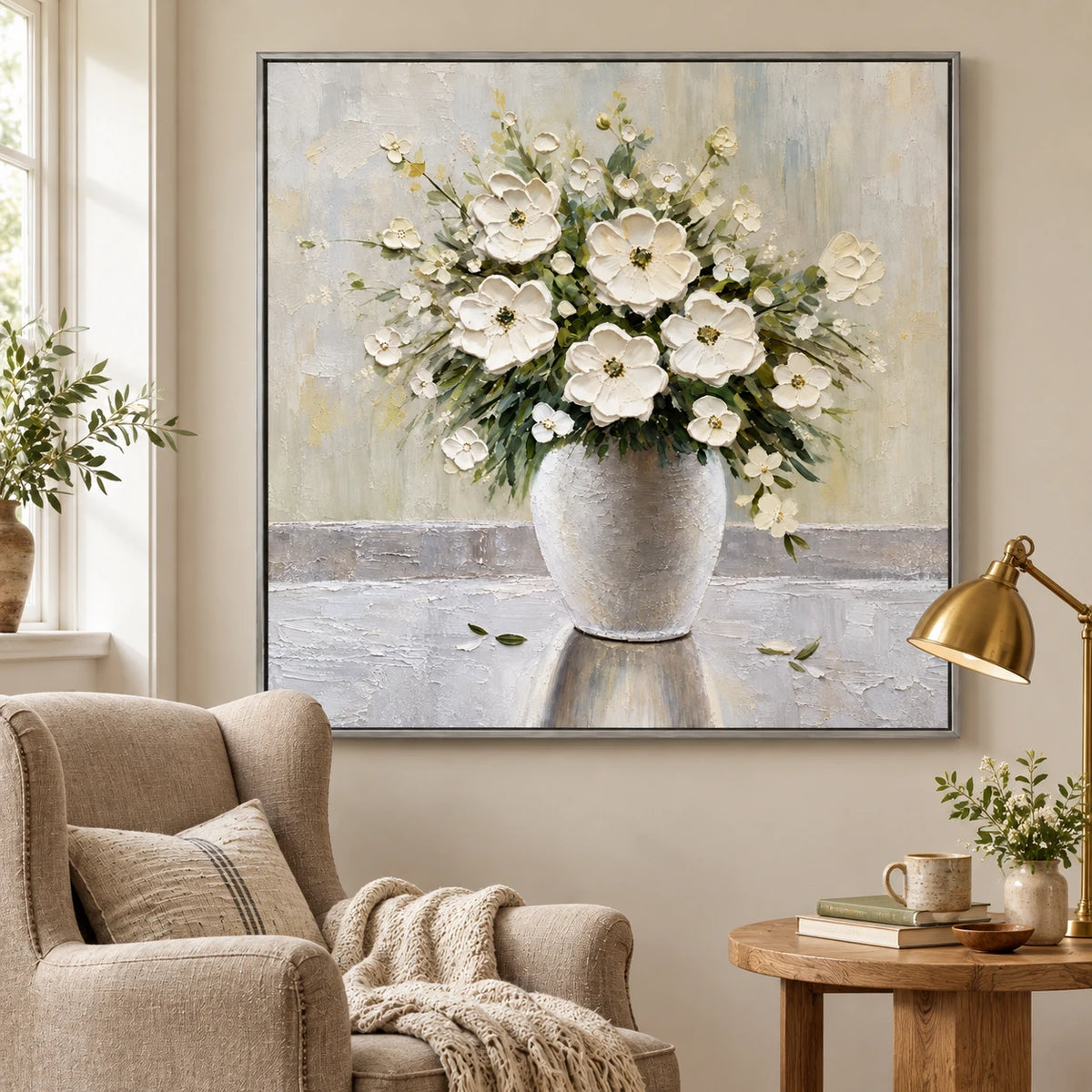 Ownanart Hand-Painted White Flower Bouquet in Ceramic Vase Oil Painting – Neutral Impasto Floral Still Life, 3D Textured Square Canvas Wall Art for Living Room Bedroom Entryway and Office