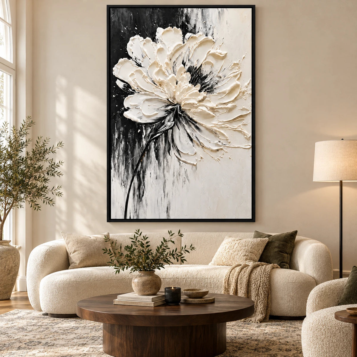 Ownanart Hand-Painted White Flower on Black and White Background Oil Painting – Monochrome Impasto Floral Art, 3D Textured Vertical Canvas Wall Art for Living Room Bedroom Entryway and Office