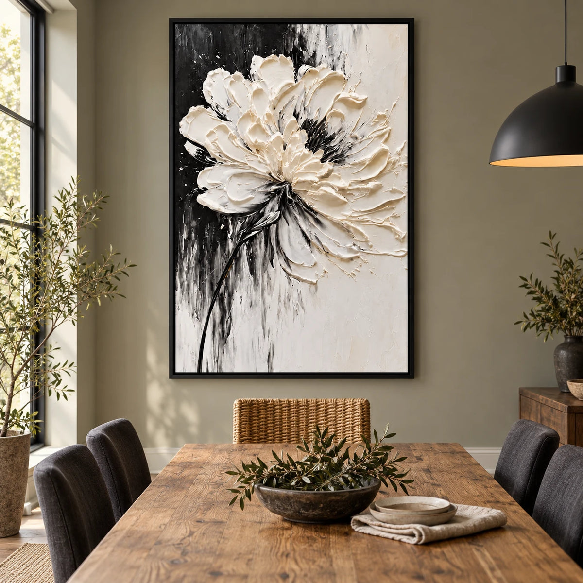 Ownanart Hand-Painted White Flower on Black and White Background Oil Painting – Monochrome Impasto Floral Art, 3D Textured Vertical Canvas Wall Art for Living Room Bedroom Entryway and Office
