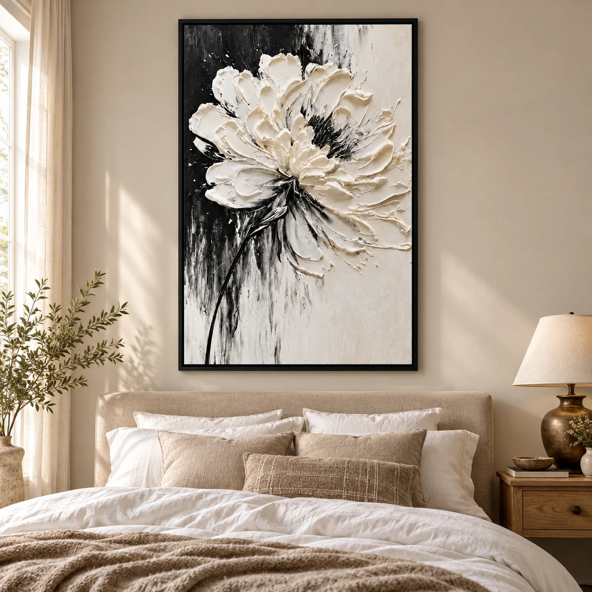 Ownanart Hand-Painted White Flower on Black and White Background Oil Painting – Monochrome Impasto Floral Art, 3D Textured Vertical Canvas Wall Art for Living Room Bedroom Entryway and Office