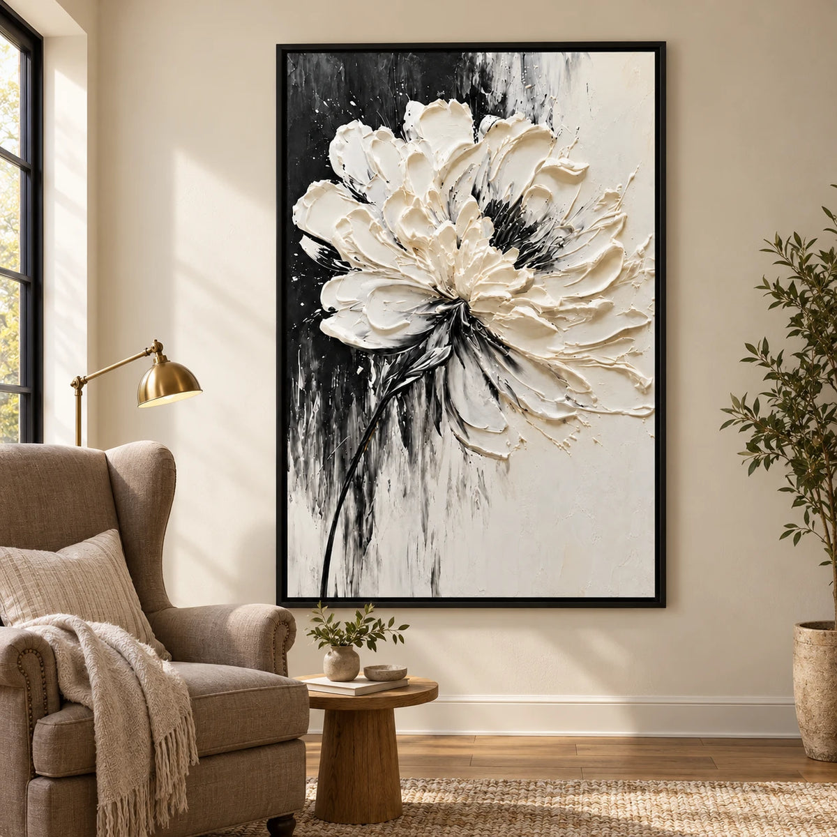 Ownanart Hand-Painted White Flower on Black and White Background Oil Painting – Monochrome Impasto Floral Art, 3D Textured Vertical Canvas Wall Art for Living Room Bedroom Entryway and Office