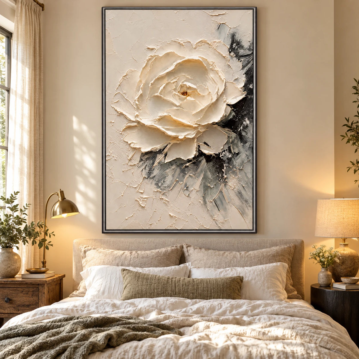 Ownanart Hand-Painted White Peony Flower Oil Painting – Neutral Floral Impasto Art, 3D Textured Vertical Canvas Wall Art, Original Painting for Living Room Bedroom Entryway and Office
