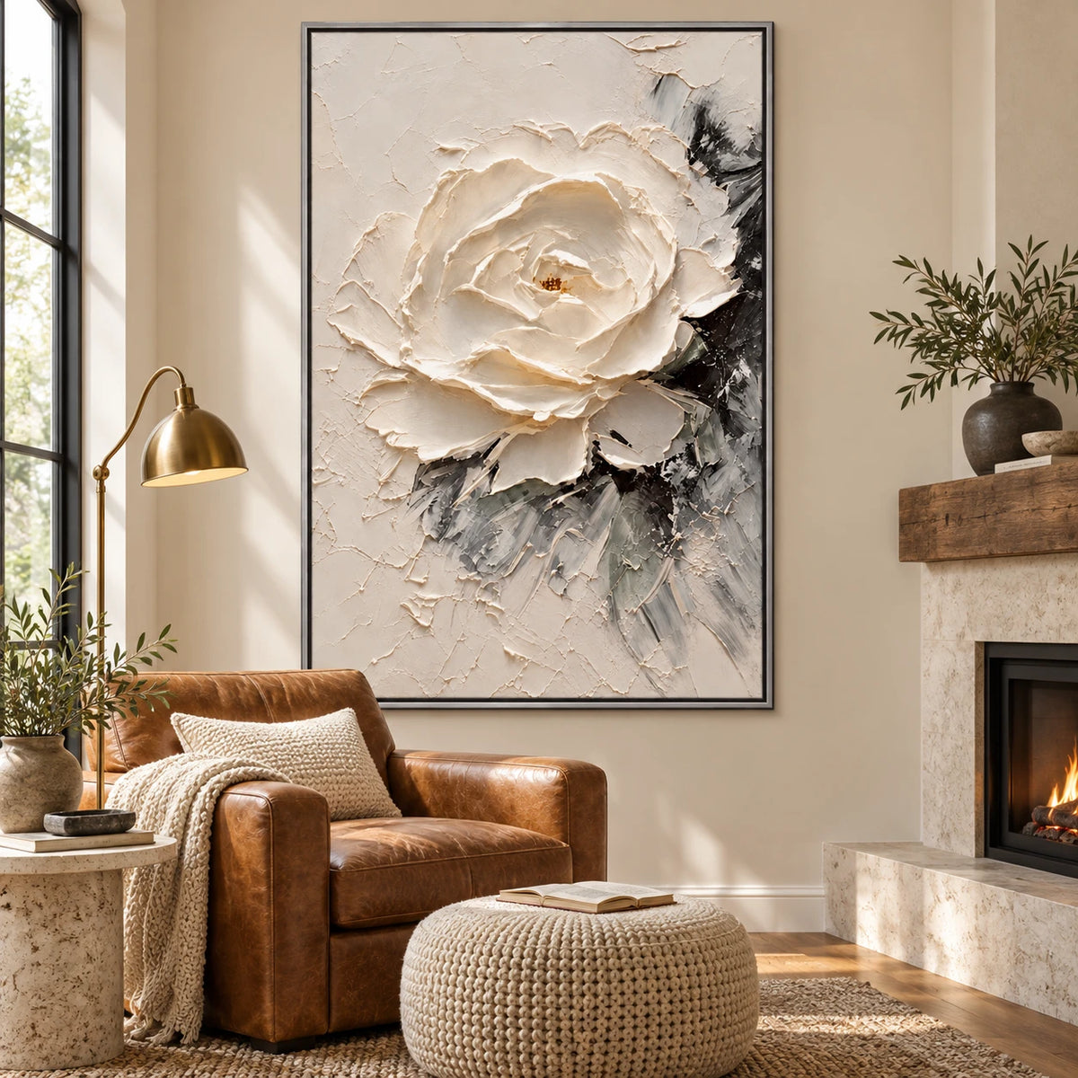 Ownanart Hand-Painted White Peony Flower Oil Painting – Neutral Floral Impasto Art, 3D Textured Vertical Canvas Wall Art, Original Painting for Living Room Bedroom Entryway and Office