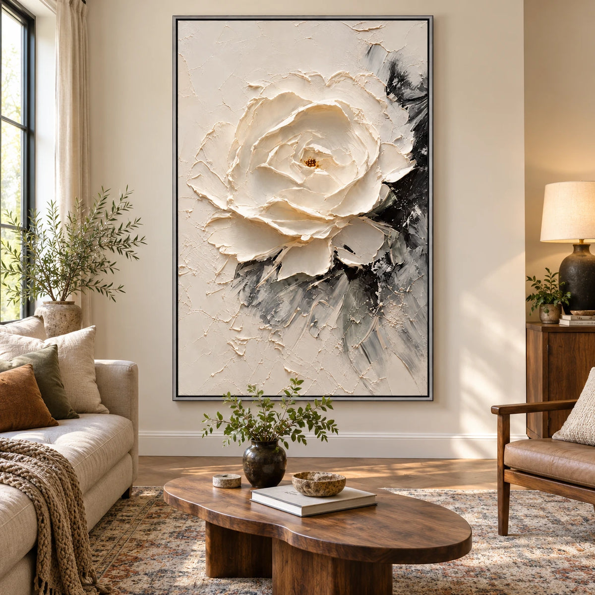Ownanart Hand-Painted White Peony Flower Oil Painting – Neutral Floral Impasto Art, 3D Textured Vertical Canvas Wall Art, Original Painting for Living Room Bedroom Entryway and Office