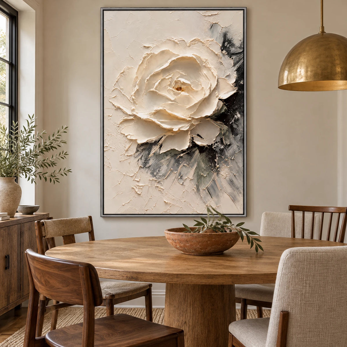 Ownanart Hand-Painted White Peony Flower Oil Painting – Neutral Floral Impasto Art, 3D Textured Vertical Canvas Wall Art, Original Painting for Living Room Bedroom Entryway and Office