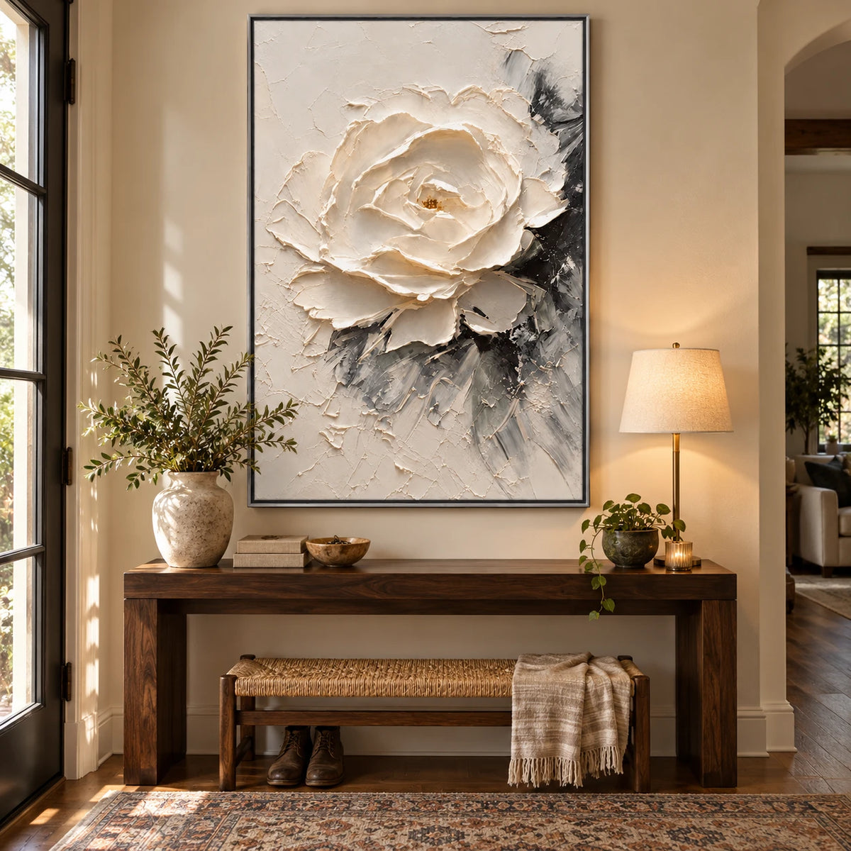 Ownanart Hand-Painted White Peony Flower Oil Painting – Neutral Floral Impasto Art, 3D Textured Vertical Canvas Wall Art, Original Painting for Living Room Bedroom Entryway and Office