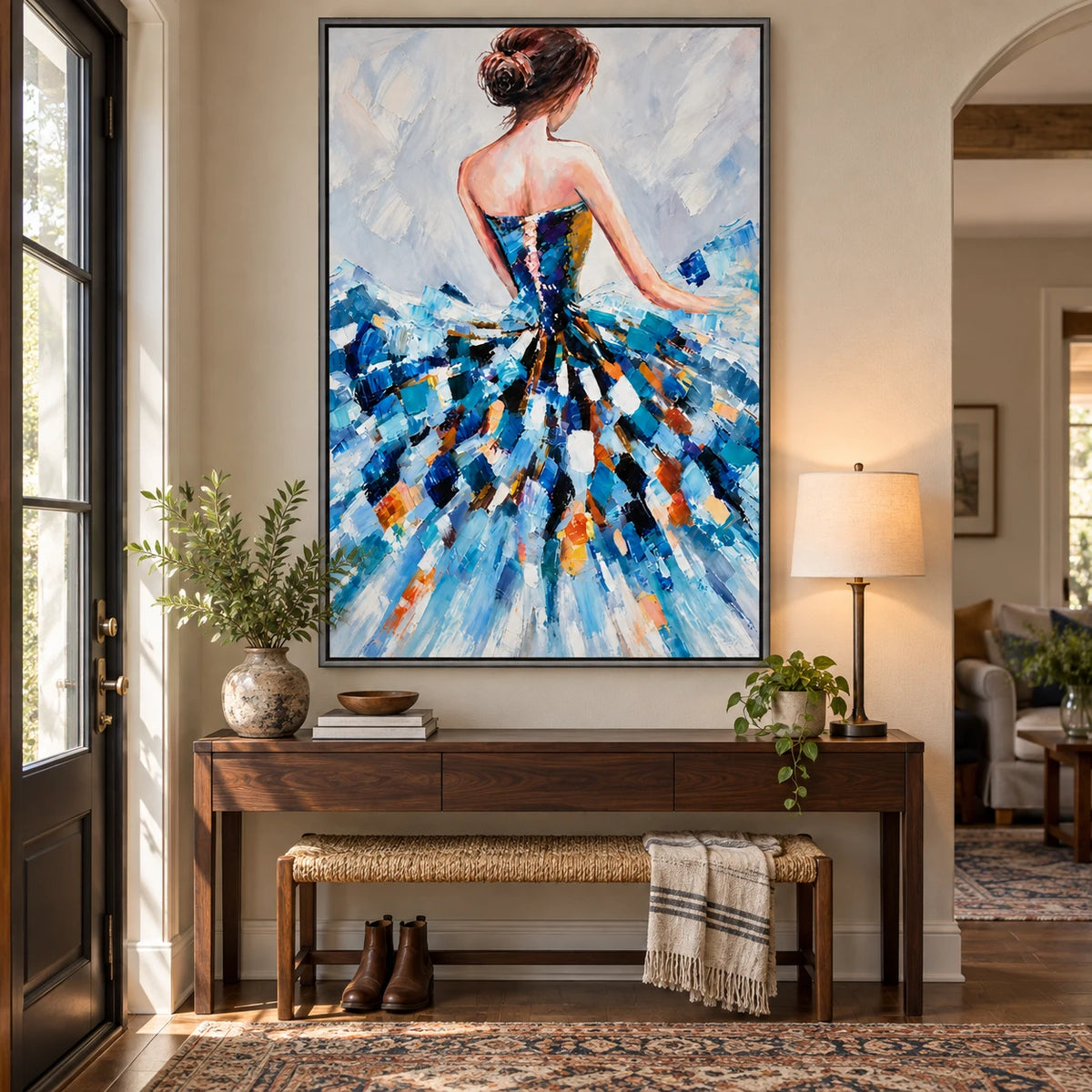 Ownanart Hand-Painted Woman in Blue Abstract Dress Oil Painting – Expressive Figurative Palette-Knife Art, 3D Textured Vertical Canvas Wall Art, Original Painting for Living Room Bedroom Entryway and Office