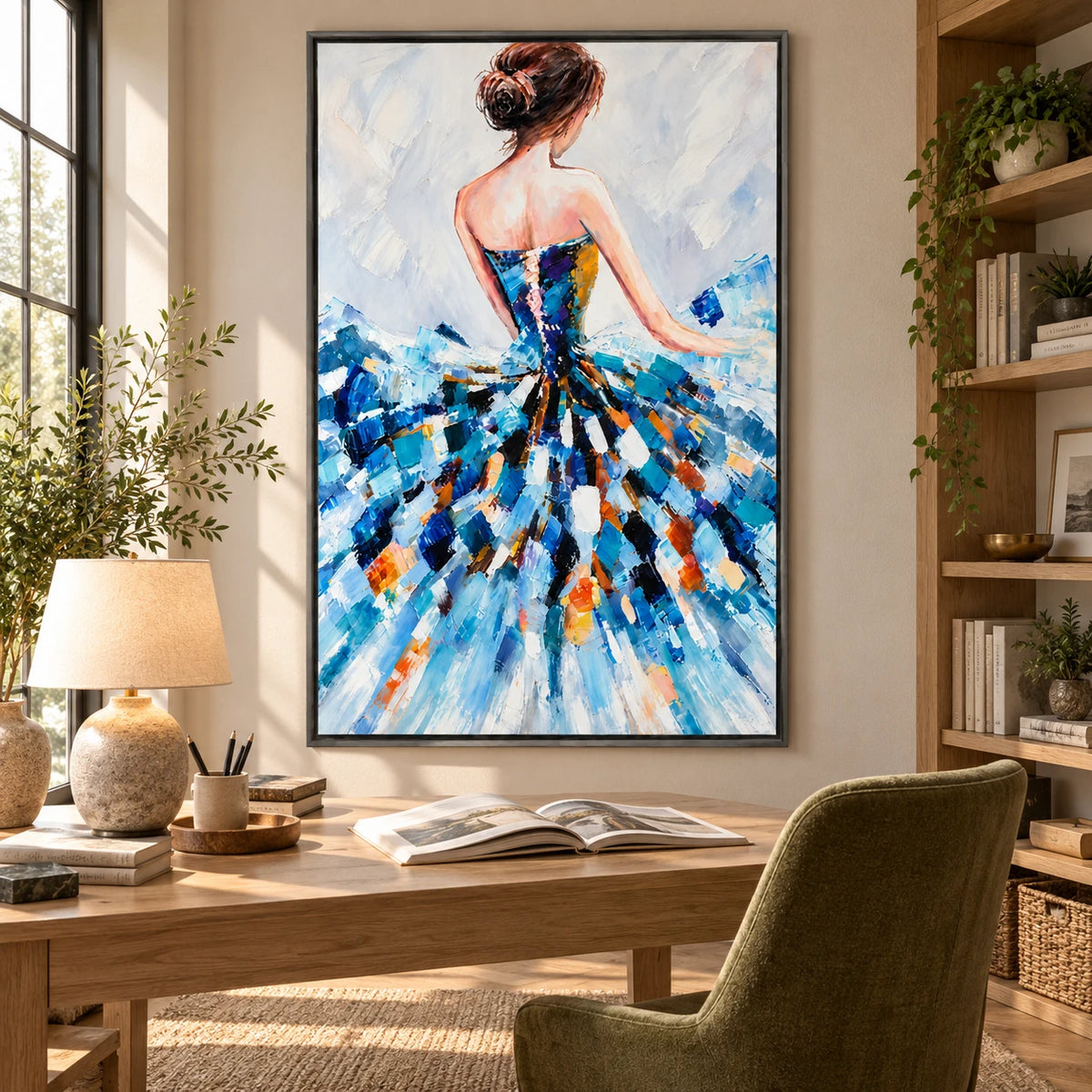 Ownanart Hand-Painted Woman in Blue Abstract Dress Oil Painting – Expressive Figurative Palette-Knife Art, 3D Textured Vertical Canvas Wall Art, Original Painting for Living Room Bedroom Entryway and Office