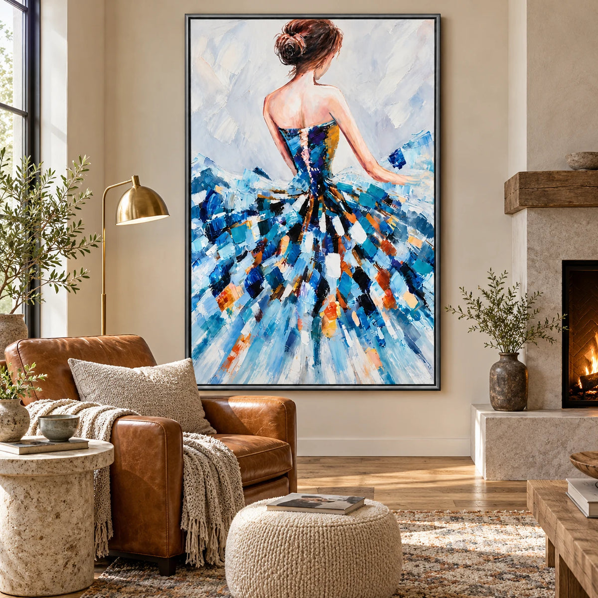 Ownanart Hand-Painted Woman in Blue Abstract Dress Oil Painting – Expressive Figurative Palette-Knife Art, 3D Textured Vertical Canvas Wall Art, Original Painting for Living Room Bedroom Entryway and Office