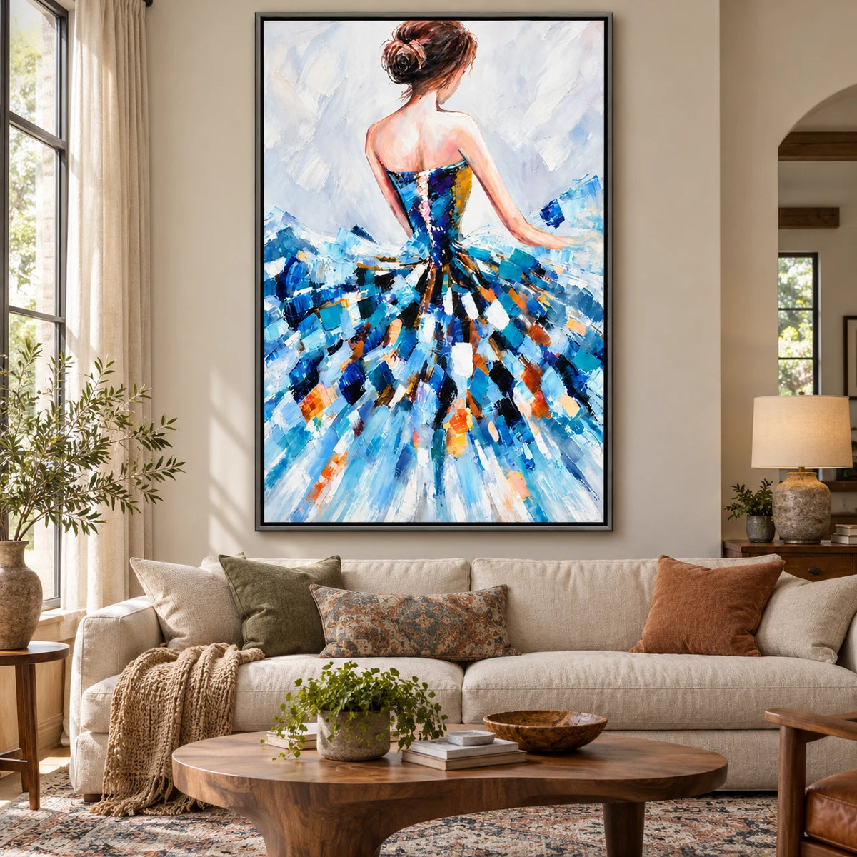 Ownanart Hand-Painted Woman in Blue Abstract Dress Oil Painting – Expressive Figurative Palette-Knife Art, 3D Textured Vertical Canvas Wall Art, Original Painting for Living Room Bedroom Entryway and Office