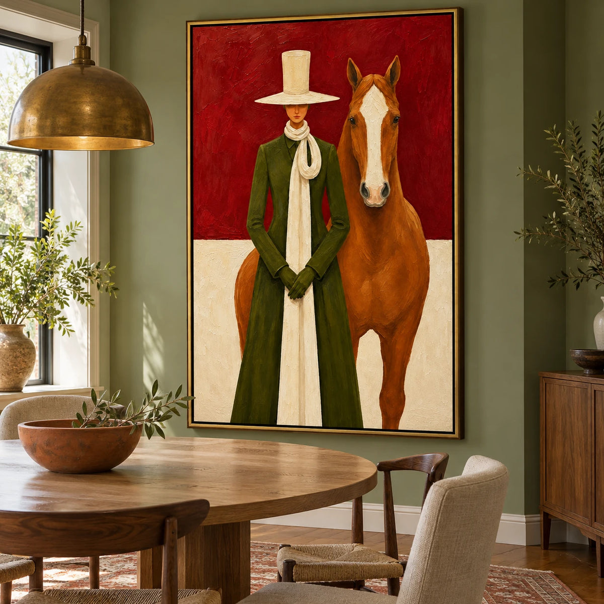 Ownanart Hand-Painted Woman in Green Coat with Chestnut Horse Oil Painting – Modern Figurative Equestrian Art, 3D Textured Vertical Canvas Wall Art, Original Painting for Living Room Bedroom Entryway and Office