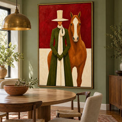 Ownanart Hand-Painted Woman in Green Coat with Chestnut Horse Oil Painting – Modern Figurative Equestrian Art, 3D Textured Vertical Canvas Wall Art, Original Painting for Living Room Bedroom Entryway and Office #OA 1495