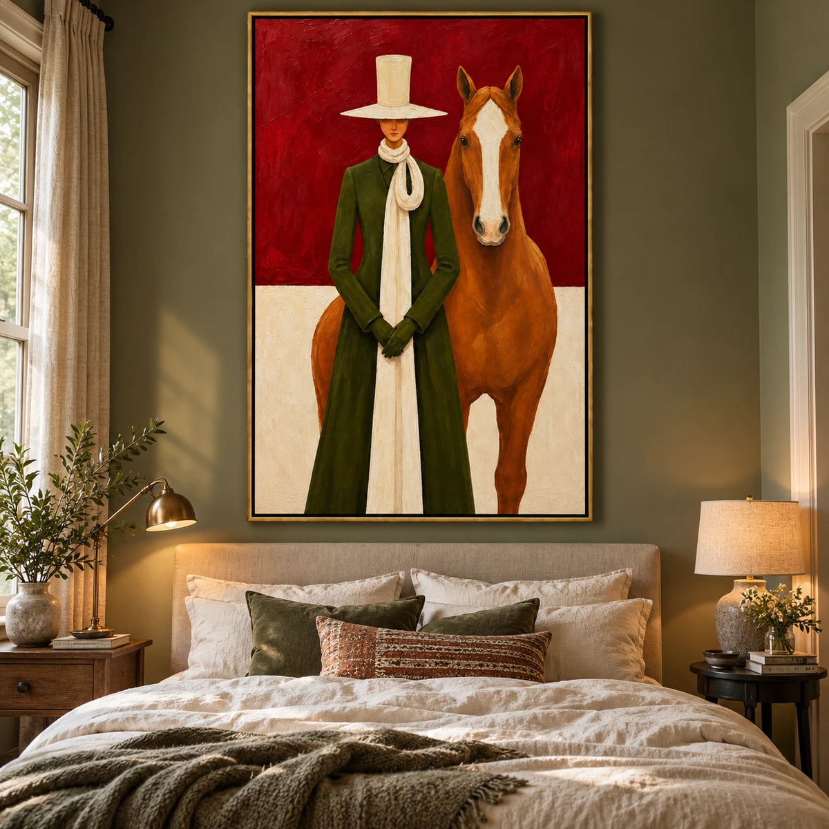 Ownanart Hand-Painted Woman in Green Coat with Chestnut Horse Oil Painting – Modern Figurative Equestrian Art, 3D Textured Vertical Canvas Wall Art, Original Painting for Living Room Bedroom Entryway and Office