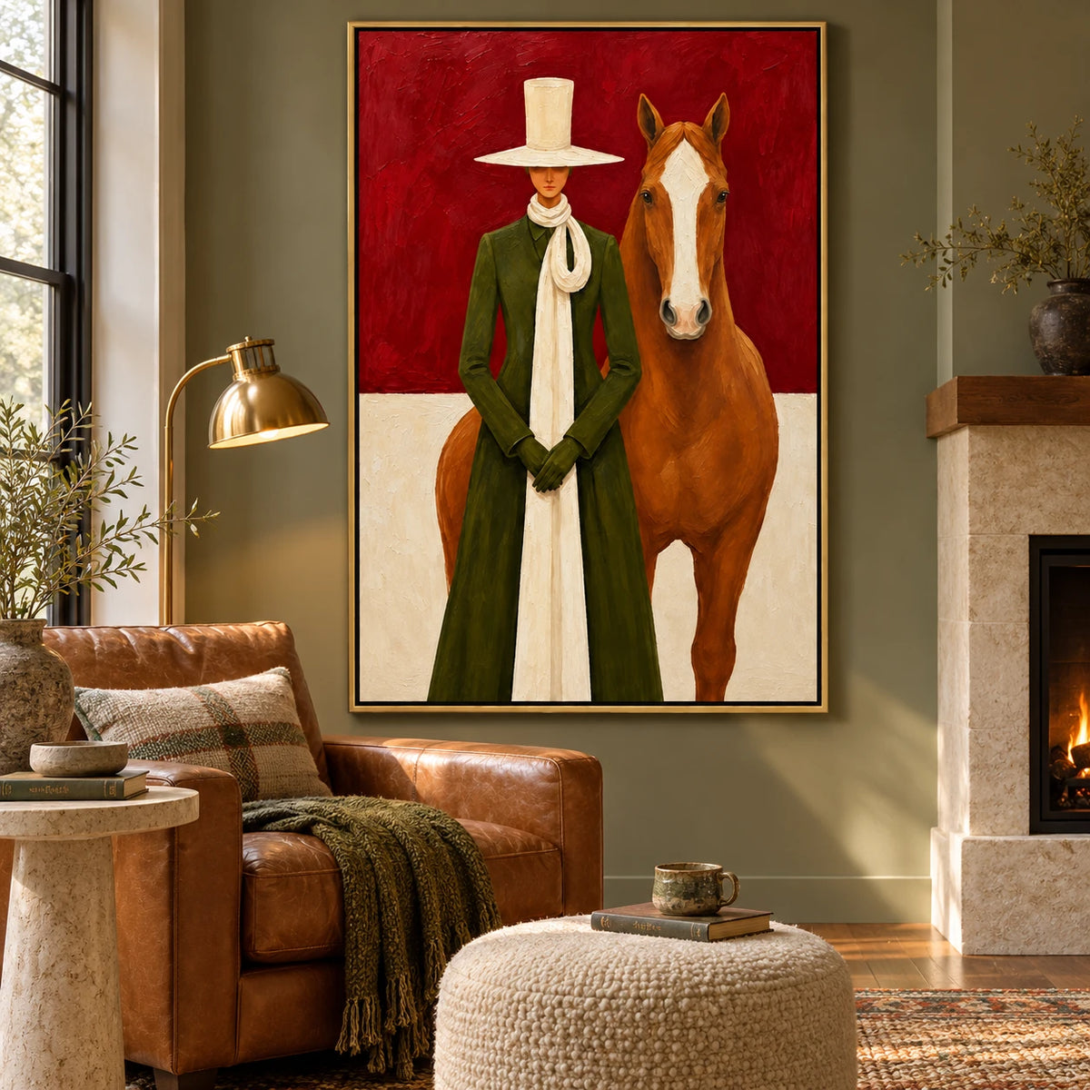 Ownanart Hand-Painted Woman in Green Coat with Chestnut Horse Oil Painting – Modern Figurative Equestrian Art, 3D Textured Vertical Canvas Wall Art, Original Painting for Living Room Bedroom Entryway and Office
