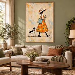 Ownanart Hand-Painted Woman in Orange Dress Walking Dog Oil Painting – Whimsical Figurative Folk Art, 3D Textured Vertical Canvas Wall Art, Original Painting for Living Room Bedroom Entryway and Office #OA 1500