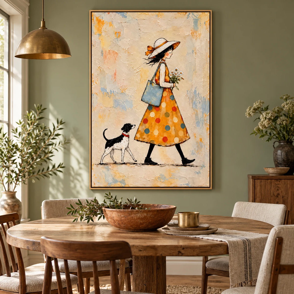 Ownanart Hand-Painted Woman in Orange Dress Walking Dog Oil Painting – Whimsical Figurative Folk Art, 3D Textured Vertical Canvas Wall Art, Original Painting for Living Room Bedroom Entryway and Office