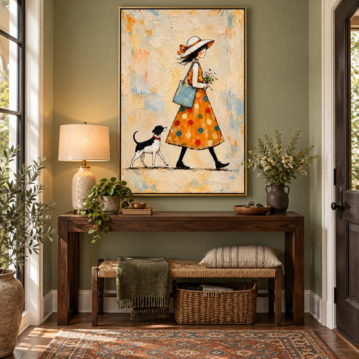 Ownanart Hand-Painted Woman in Orange Dress Walking Dog Oil Painting – Whimsical Figurative Folk Art, 3D Textured Vertical Canvas Wall Art, Original Painting for Living Room Bedroom Entryway and Office