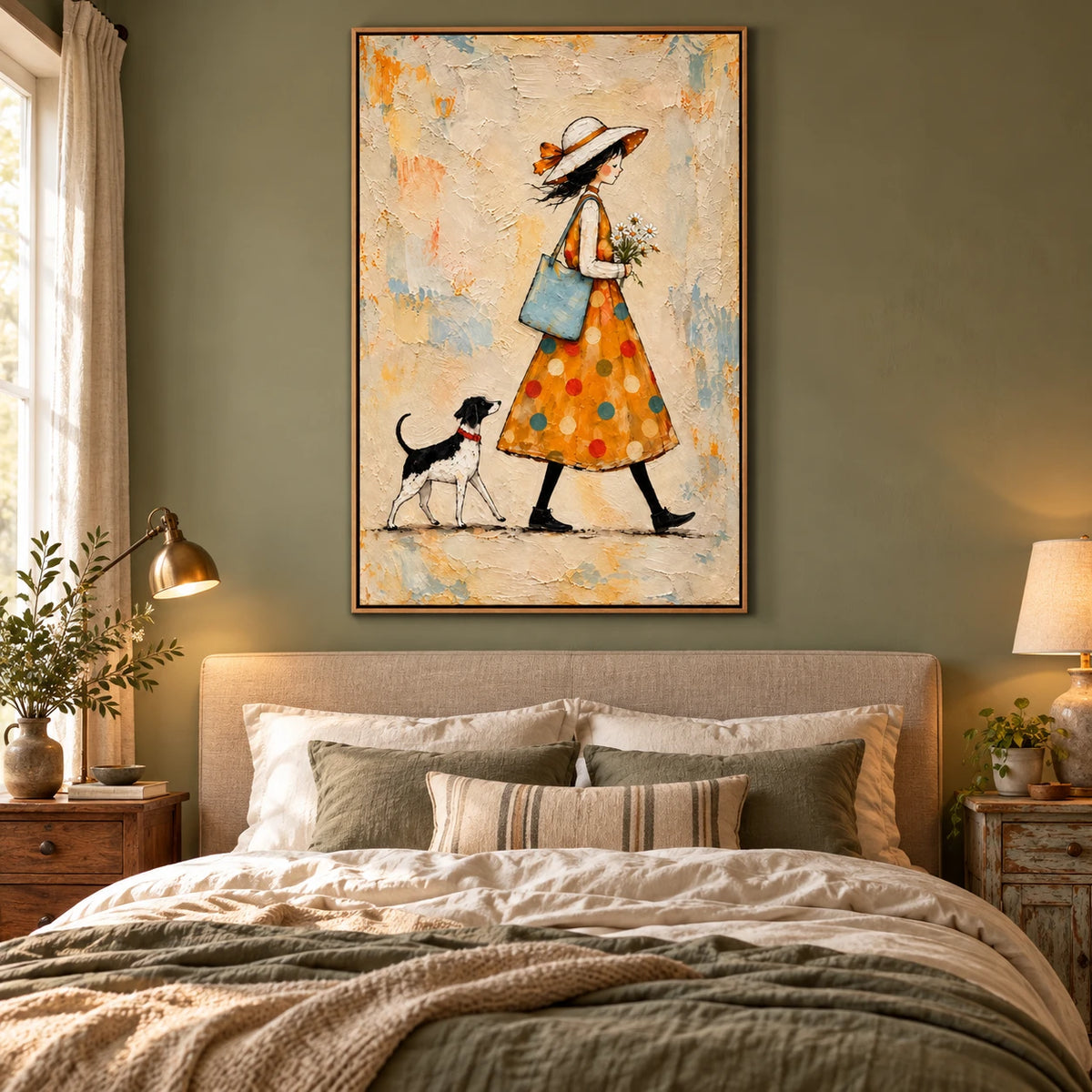 Ownanart Hand-Painted Woman in Orange Dress Walking Dog Oil Painting – Whimsical Figurative Folk Art, 3D Textured Vertical Canvas Wall Art, Original Painting for Living Room Bedroom Entryway and Office