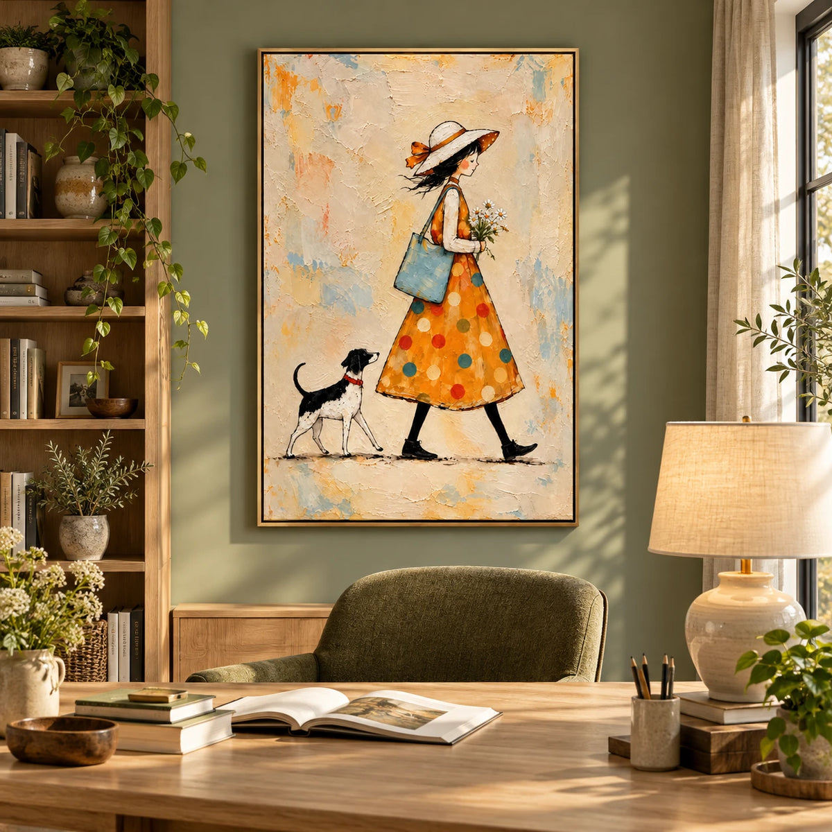 Ownanart Hand-Painted Woman in Orange Dress Walking Dog Oil Painting – Whimsical Figurative Folk Art, 3D Textured Vertical Canvas Wall Art, Original Painting for Living Room Bedroom Entryway and Office