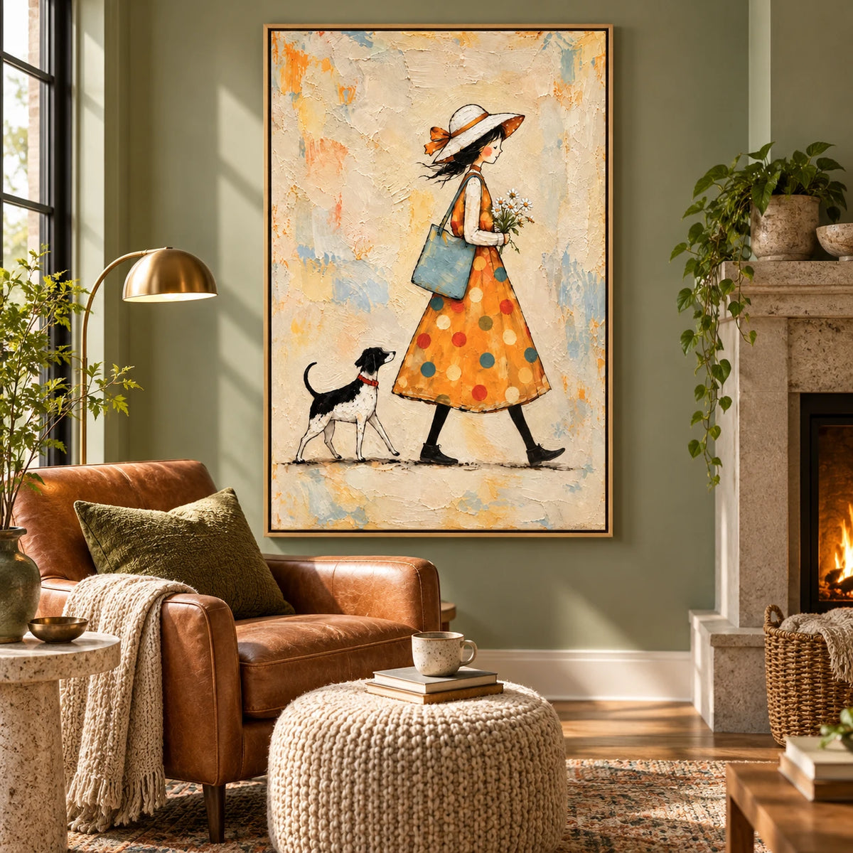 Ownanart Hand-Painted Woman in Orange Dress Walking Dog Oil Painting – Whimsical Figurative Folk Art, 3D Textured Vertical Canvas Wall Art, Original Painting for Living Room Bedroom Entryway and Office