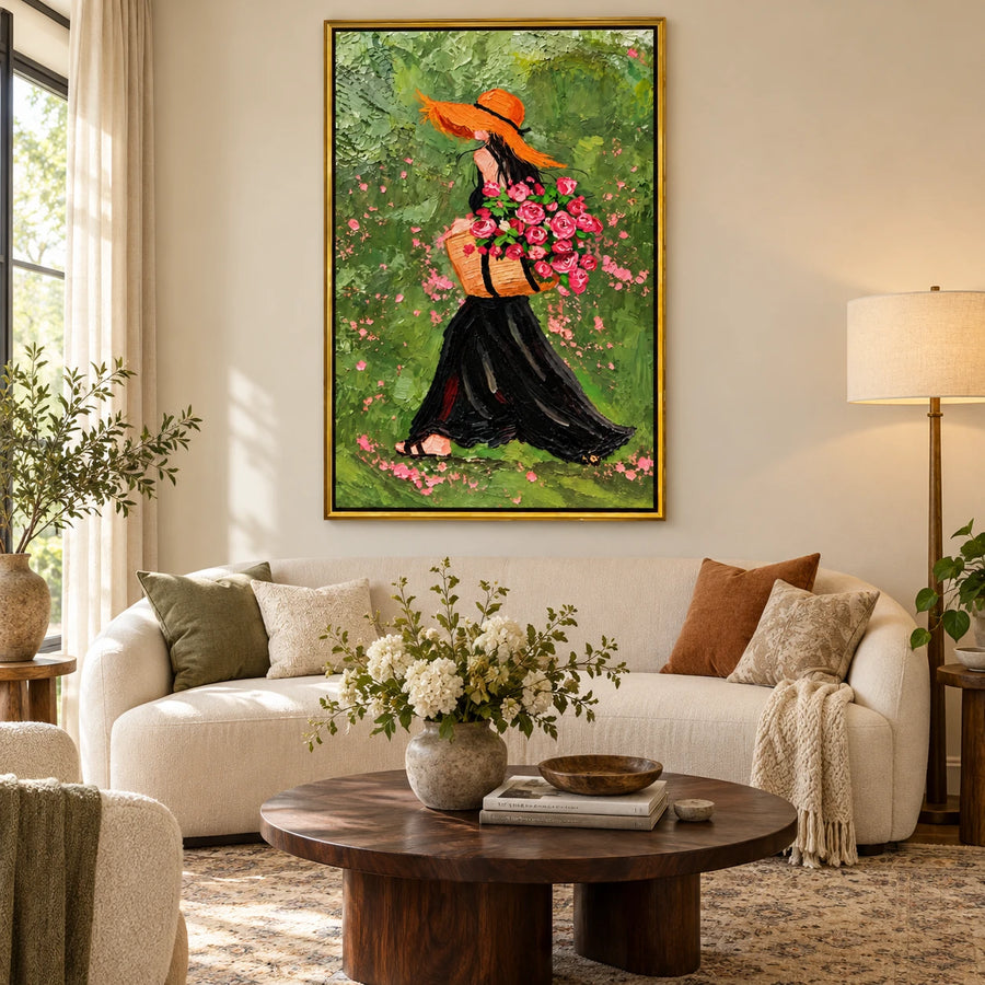 Ownanart Hand-Painted Woman in Orange Hat Carrying Pink Roses Oil Painting – Expressive Figurative Floral Art, 3D Textured Vertical Canvas Wall Art for Living Room Bedroom Entryway and Office #OA 1521