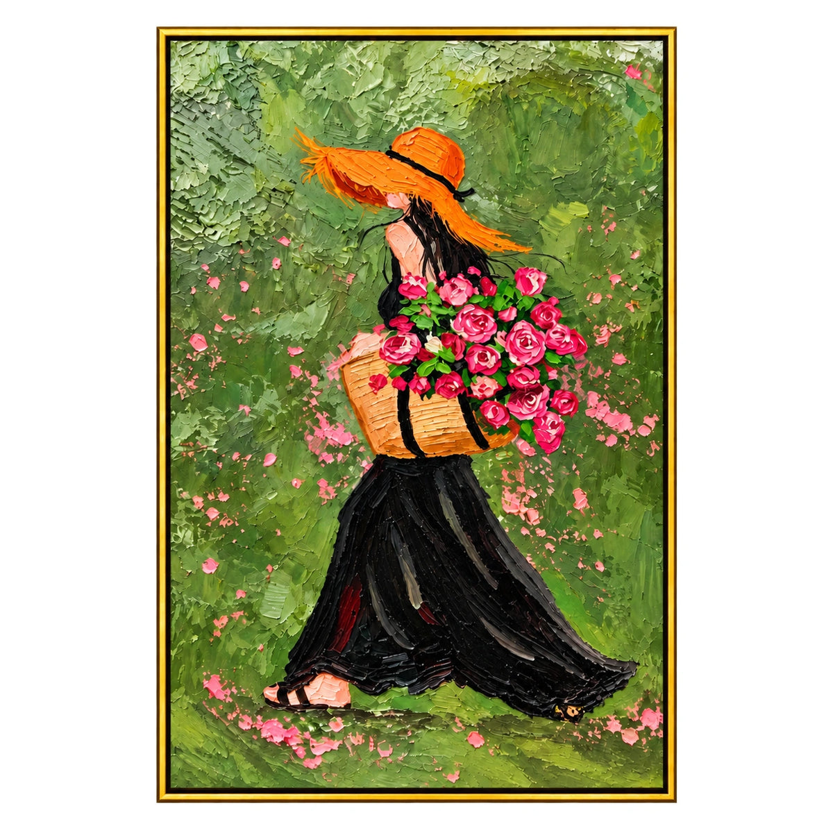 Ownanart Hand-Painted Woman in Orange Hat Carrying Pink Roses Oil Painting – Expressive Figurative Floral Art, 3D Textured Vertical Canvas Wall Art for Living Room Bedroom Entryway and Office