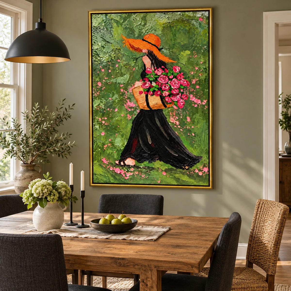 Ownanart Hand-Painted Woman in Orange Hat Carrying Pink Roses Oil Painting – Expressive Figurative Floral Art, 3D Textured Vertical Canvas Wall Art for Living Room Bedroom Entryway and Office
