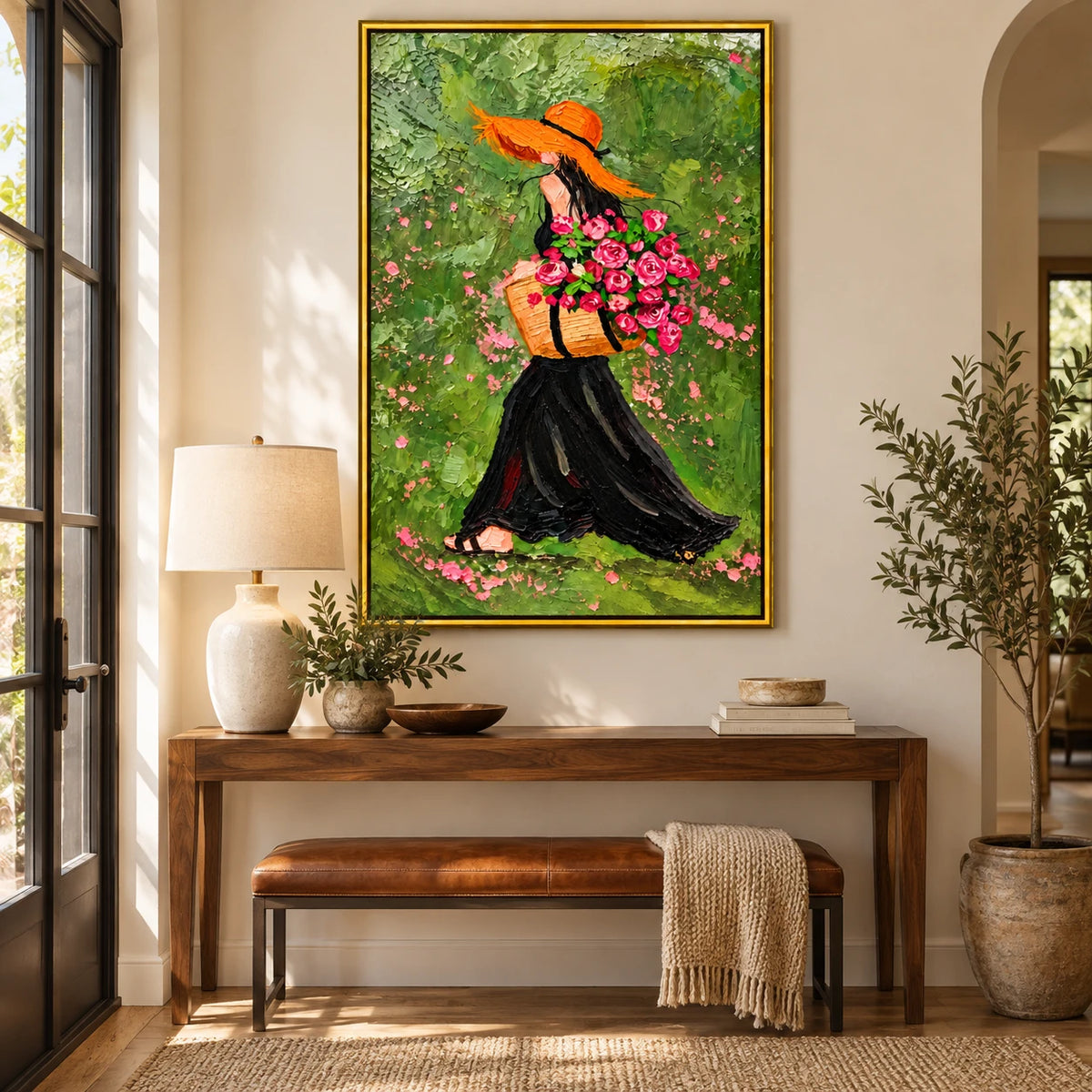 Ownanart Hand-Painted Woman in Orange Hat Carrying Pink Roses Oil Painting – Expressive Figurative Floral Art, 3D Textured Vertical Canvas Wall Art for Living Room Bedroom Entryway and Office