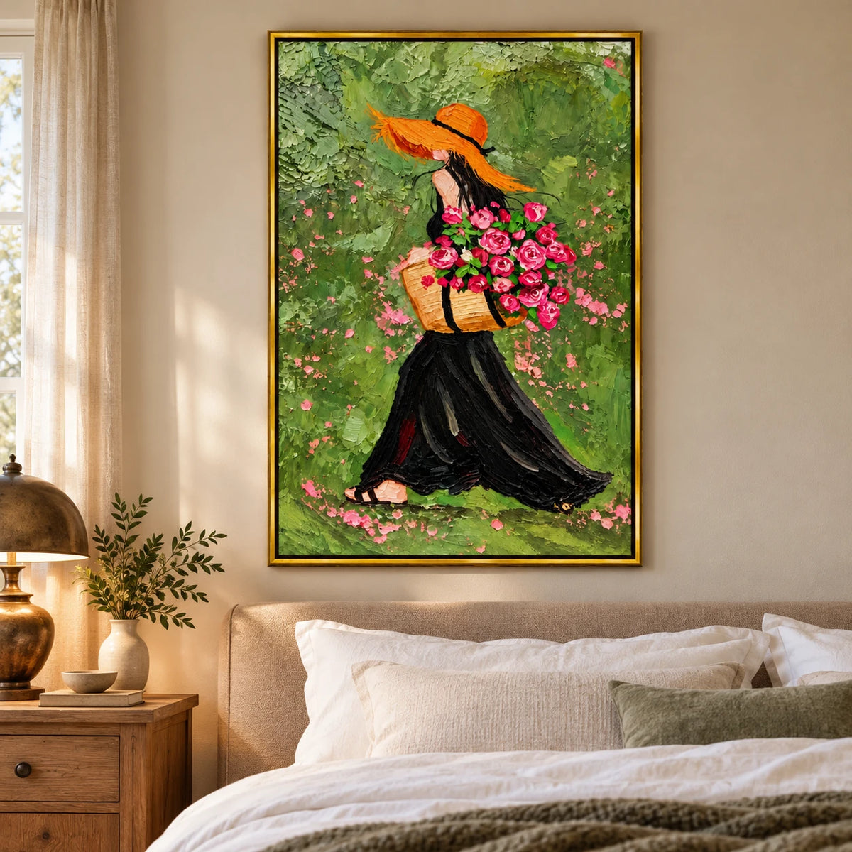 Ownanart Hand-Painted Woman in Orange Hat Carrying Pink Roses Oil Painting – Expressive Figurative Floral Art, 3D Textured Vertical Canvas Wall Art for Living Room Bedroom Entryway and Office