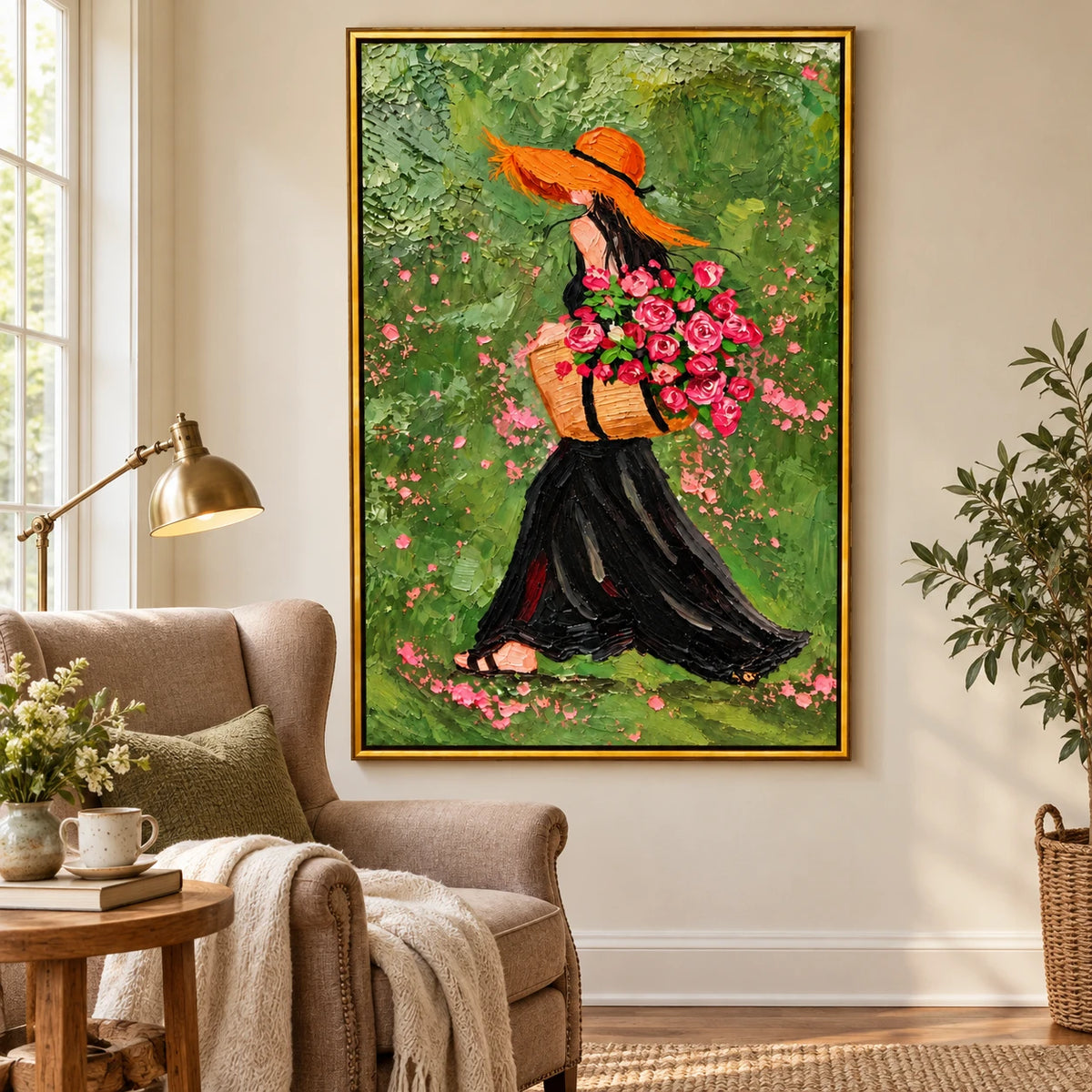 Ownanart Hand-Painted Woman in Orange Hat Carrying Pink Roses Oil Painting – Expressive Figurative Floral Art, 3D Textured Vertical Canvas Wall Art for Living Room Bedroom Entryway and Office