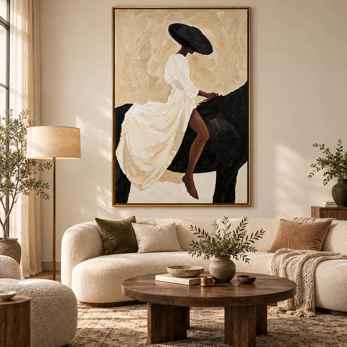 Ownanart Hand-Painted Woman in White Dress Riding Black Horse Oil Painting – Minimalist Figurative Equestrian Art, 3D Textured Vertical Canvas Wall Art for Living Room Bedroom Entryway and Office