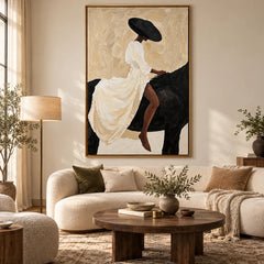 Ownanart Hand-Painted Woman in White Dress Riding Black Horse Oil Painting – Minimalist Figurative Equestrian Art, 3D Textured Vertical Canvas Wall Art for Living Room Bedroom Entryway and Office #OA 1517