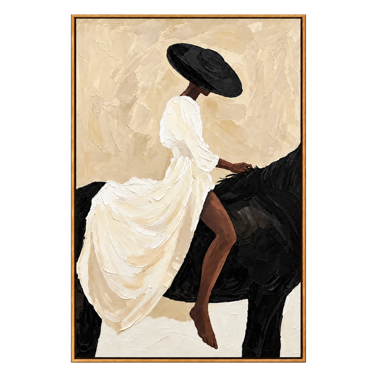 Ownanart Hand-Painted Woman in White Dress Riding Black Horse Oil Painting – Minimalist Figurative Equestrian Art, 3D Textured Vertical Canvas Wall Art for Living Room Bedroom Entryway and Office