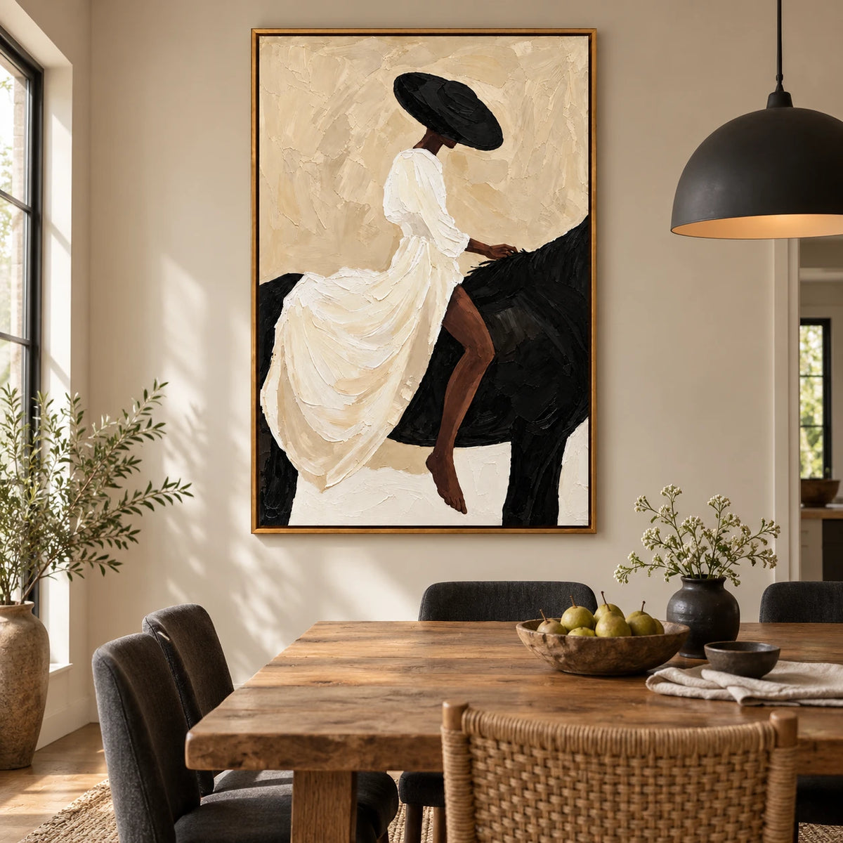 Ownanart Hand-Painted Woman in White Dress Riding Black Horse Oil Painting – Minimalist Figurative Equestrian Art, 3D Textured Vertical Canvas Wall Art for Living Room Bedroom Entryway and Office