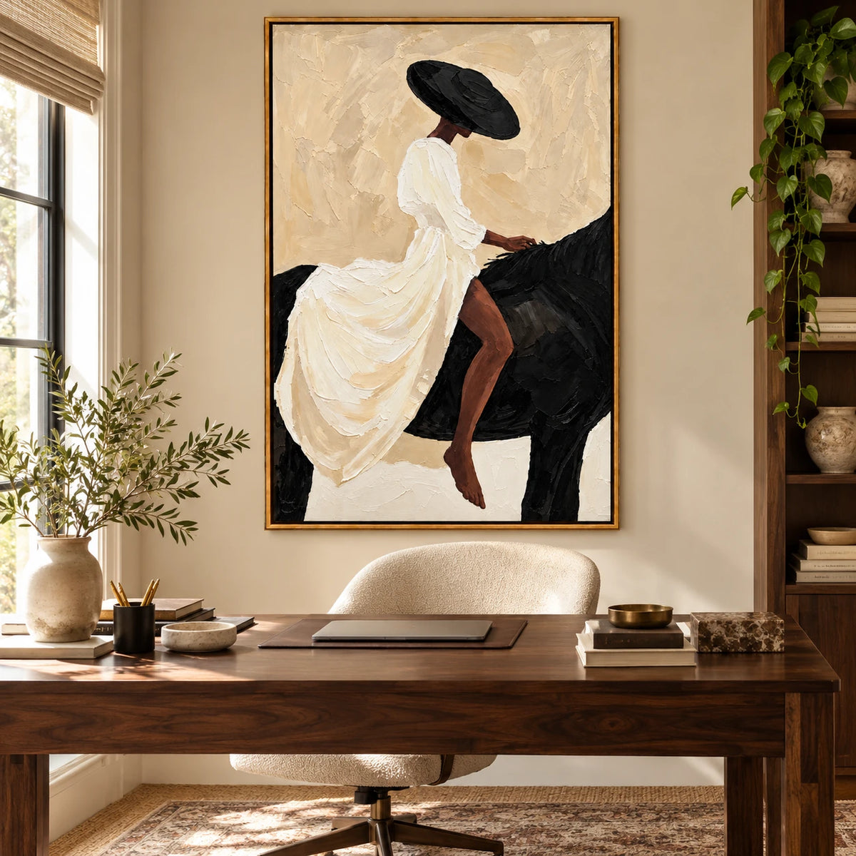 Ownanart Hand-Painted Woman in White Dress Riding Black Horse Oil Painting – Minimalist Figurative Equestrian Art, 3D Textured Vertical Canvas Wall Art for Living Room Bedroom Entryway and Office