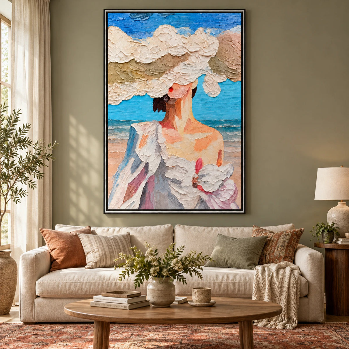 Ownanart Hand-Painted Woman in White Sun Hat by the Sea Oil Painting – Expressive Coastal Figurative Art, 3D Textured Vertical Canvas Wall Art for Living Room Bedroom Entryway and Office
