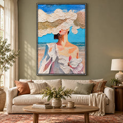 Ownanart Hand-Painted Woman in White Sun Hat by the Sea Oil Painting – Expressive Coastal Figurative Art, 3D Textured Vertical Canvas Wall Art for Living Room Bedroom Entryway and Office #OA 1516