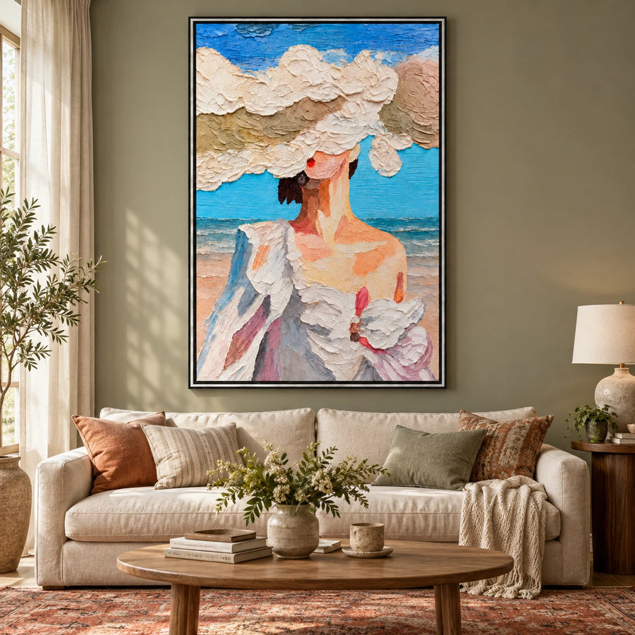 Ownanart Hand-Painted Woman in White Sun Hat by the Sea Oil Painting – Expressive Coastal Figurative Art, 3D Textured Vertical Canvas Wall Art for Living Room Bedroom Entryway and Office #OA 1516