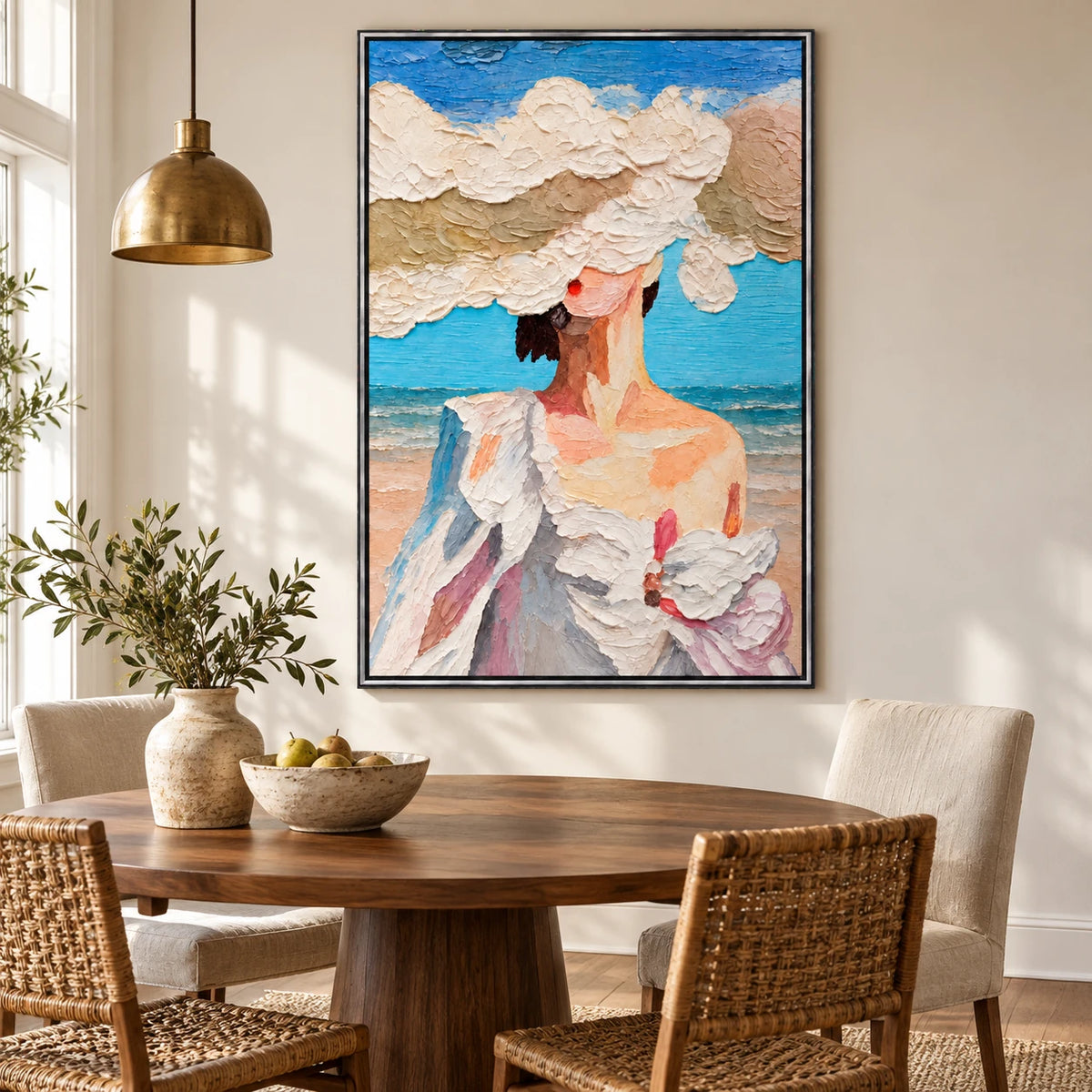 Ownanart Hand-Painted Woman in White Sun Hat by the Sea Oil Painting – Expressive Coastal Figurative Art, 3D Textured Vertical Canvas Wall Art for Living Room Bedroom Entryway and Office