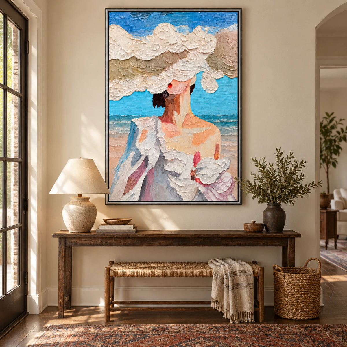 Ownanart Hand-Painted Woman in White Sun Hat by the Sea Oil Painting – Expressive Coastal Figurative Art, 3D Textured Vertical Canvas Wall Art for Living Room Bedroom Entryway and Office