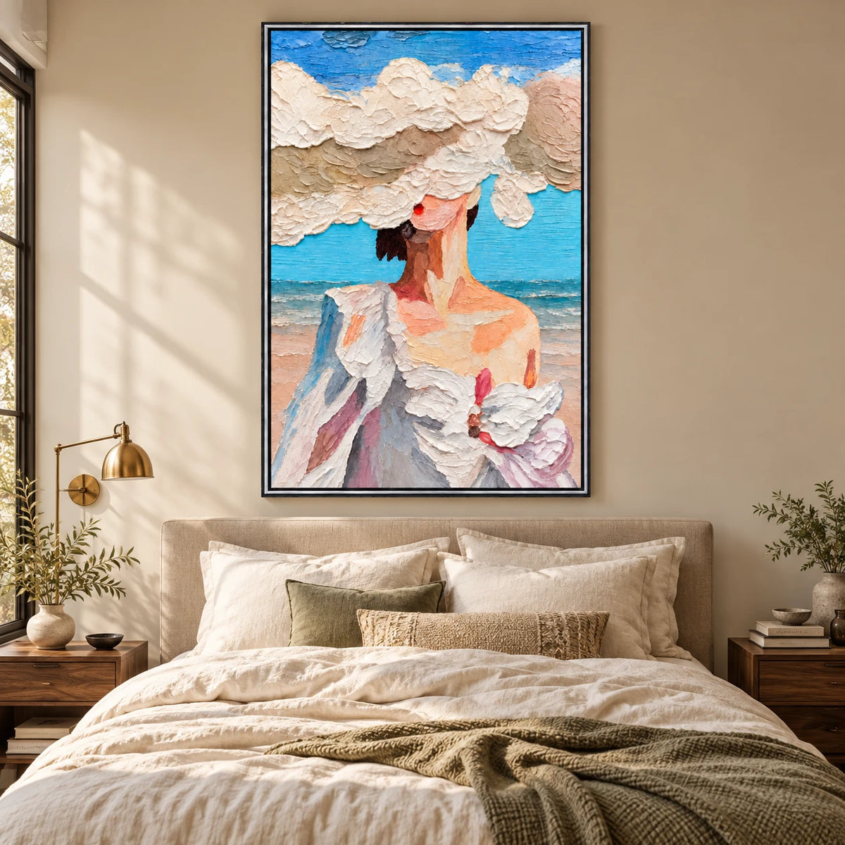 Ownanart Hand-Painted Woman in White Sun Hat by the Sea Oil Painting – Expressive Coastal Figurative Art, 3D Textured Vertical Canvas Wall Art for Living Room Bedroom Entryway and Office