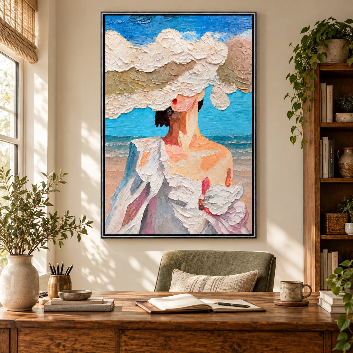 Ownanart Hand-Painted Woman in White Sun Hat by the Sea Oil Painting – Expressive Coastal Figurative Art, 3D Textured Vertical Canvas Wall Art for Living Room Bedroom Entryway and Office