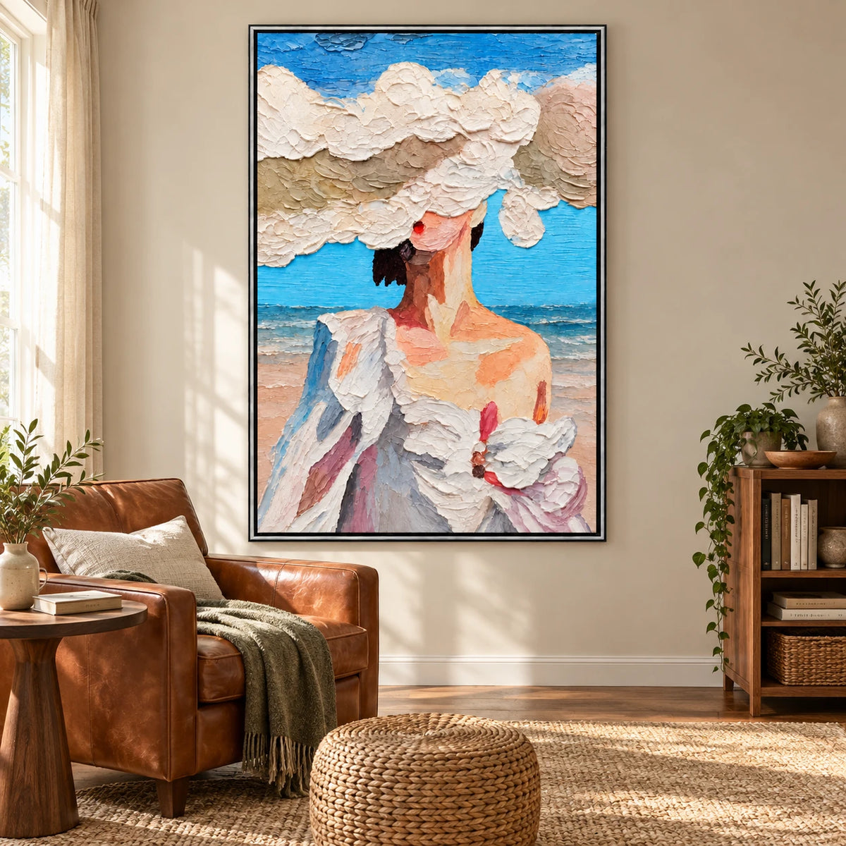 Ownanart Hand-Painted Woman in White Sun Hat by the Sea Oil Painting – Expressive Coastal Figurative Art, 3D Textured Vertical Canvas Wall Art for Living Room Bedroom Entryway and Office