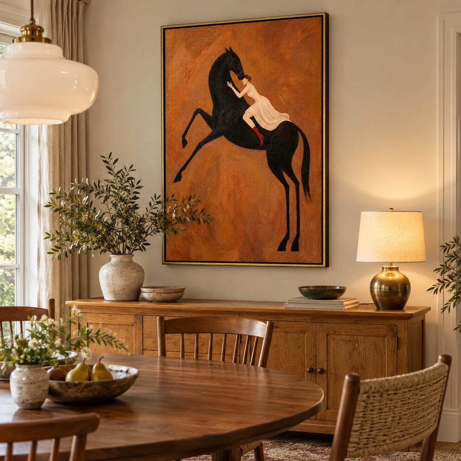 Ownanart Hand-Painted Woman on Rearing Black Horse Oil Painting – Vertical terracotta equestrian canvas, vertical figurative wall art, Original Canvas Art for Living Room and Office #OA 1483