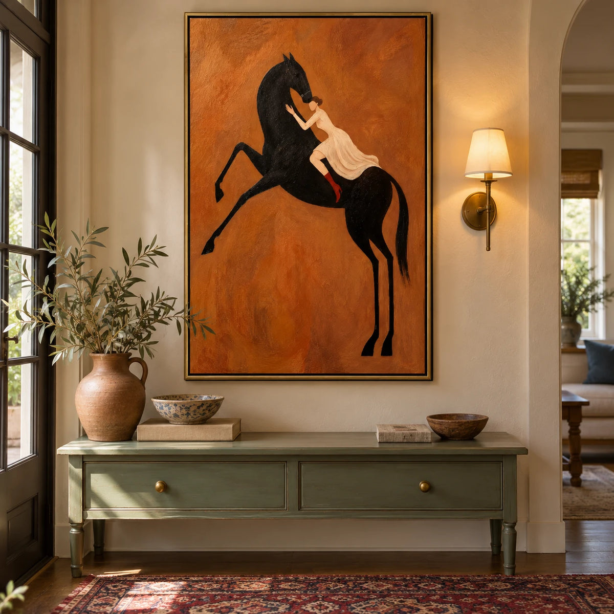 Ownanart Hand-Painted Woman on Rearing Black Horse Oil Painting – Vertical terracotta equestrian canvas, vertical figurative wall art, Original Canvas Art for Living Room and Office