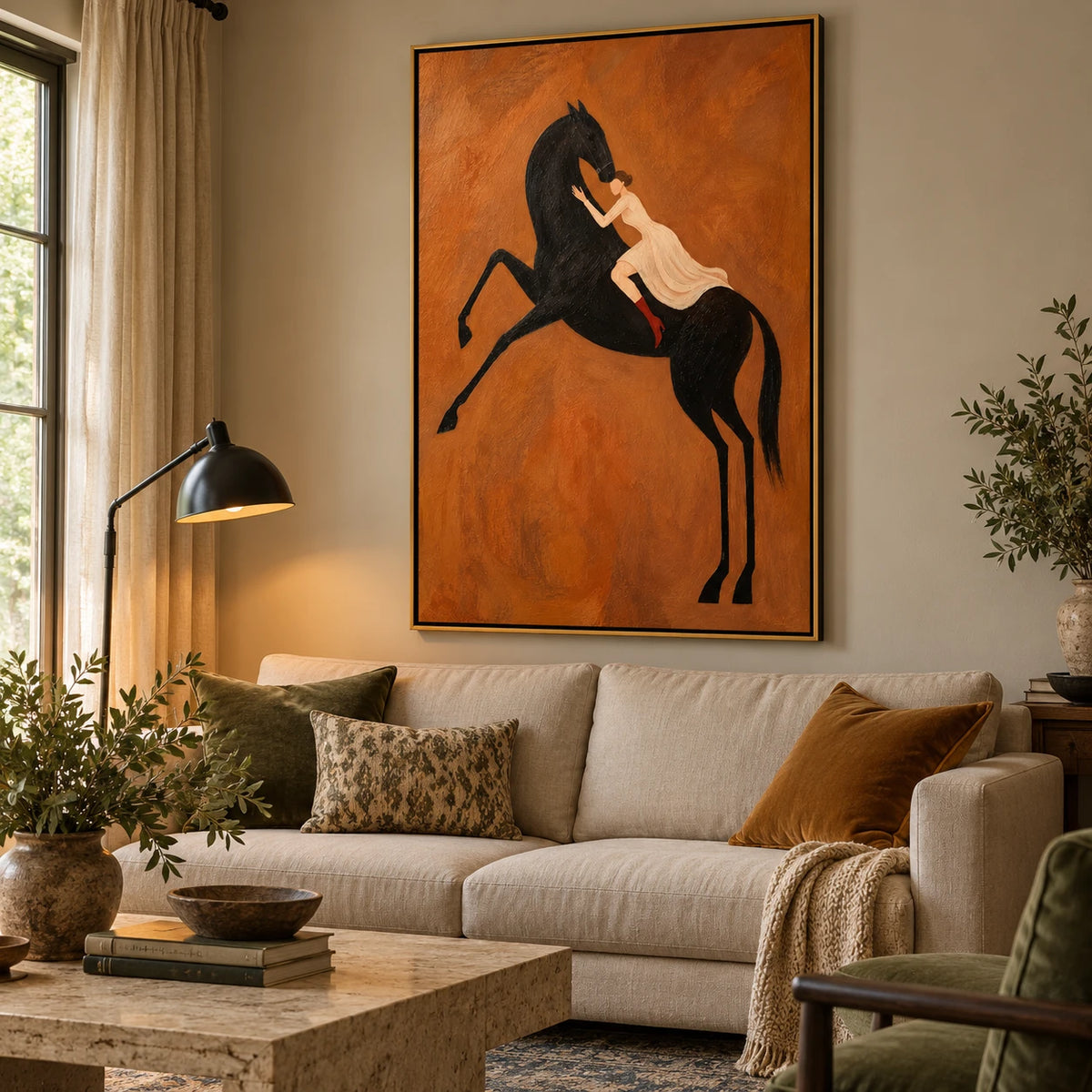 Ownanart Hand-Painted Woman on Rearing Black Horse Oil Painting – Vertical terracotta equestrian canvas, vertical figurative wall art, Original Canvas Art for Living Room and Office