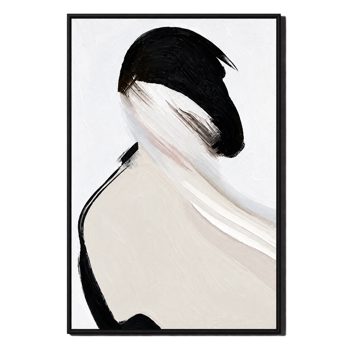 Ownanart Hand-Painted Woman with Black Bob and Ivory Shoulder Oil Painting – Textured Vertical Canvas Wall Art for Living Room and Office