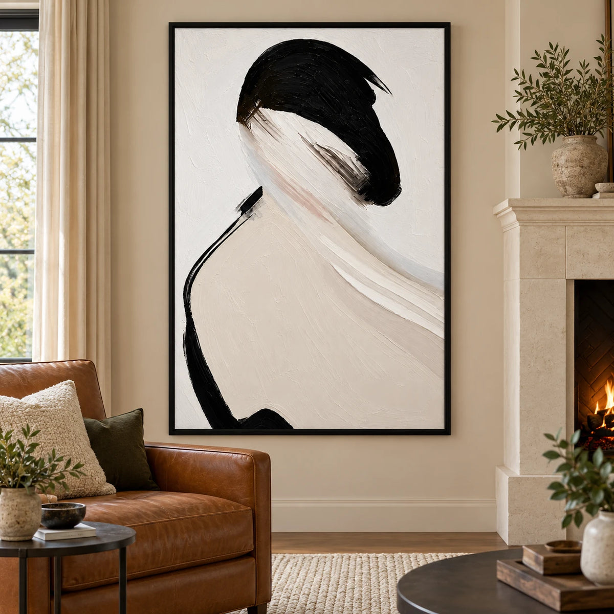 Ownanart Hand-Painted Woman with Black Bob and Ivory Shoulder Oil Painting – Textured Vertical Canvas Wall Art for Living Room and Office