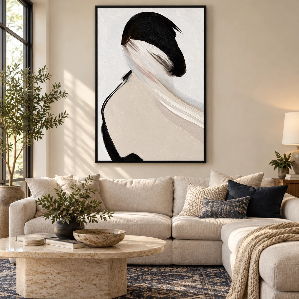 Ownanart Hand-Painted Woman with Black Bob and Ivory Shoulder Oil Painting – Textured Vertical Canvas Wall Art for Living Room and Office