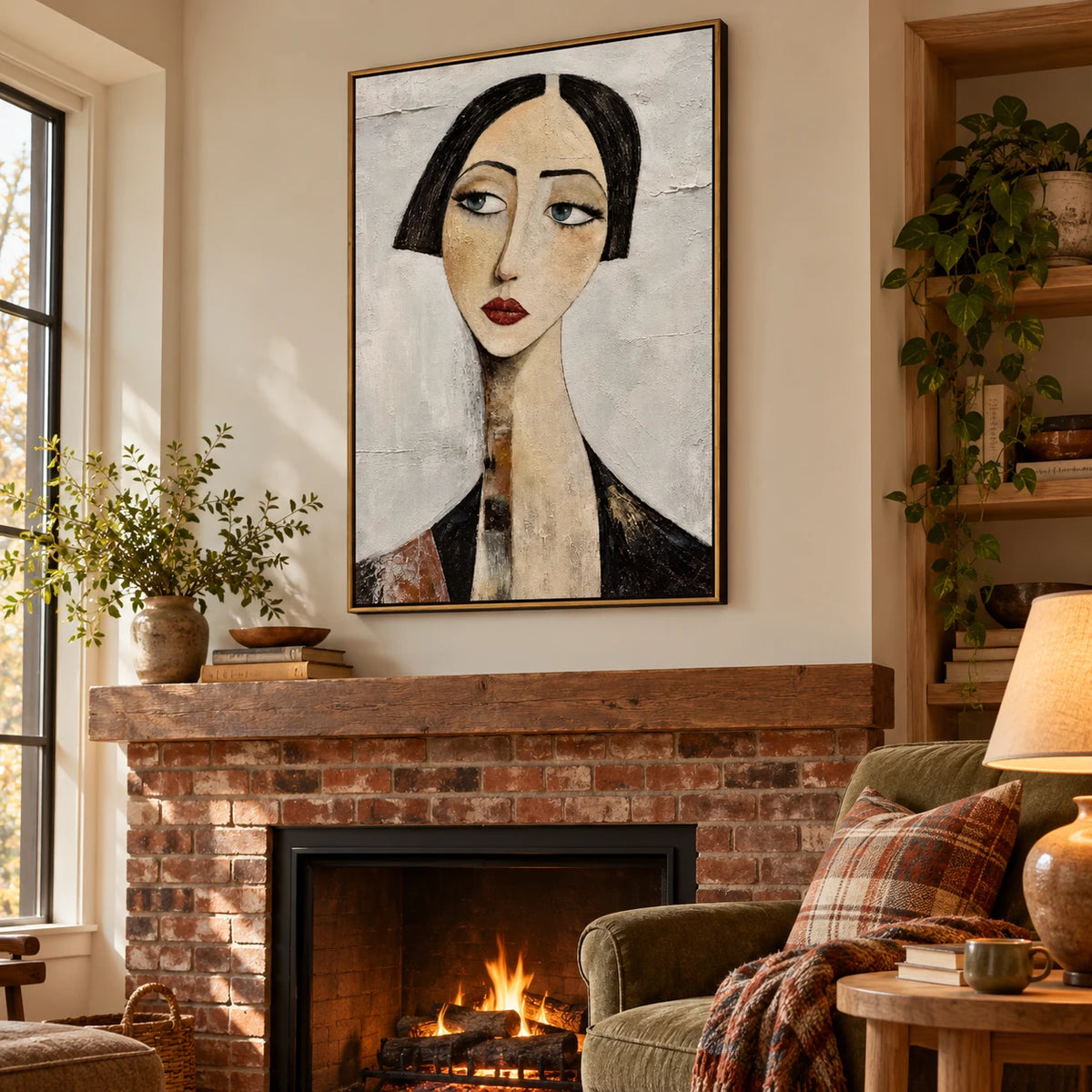 Ownanart Hand-Painted Woman with Black Bob Portrait Oil Painting – Vertical elongated female face canvas, modern figurative wall art, Original Canvas Art for Living Room and Office
